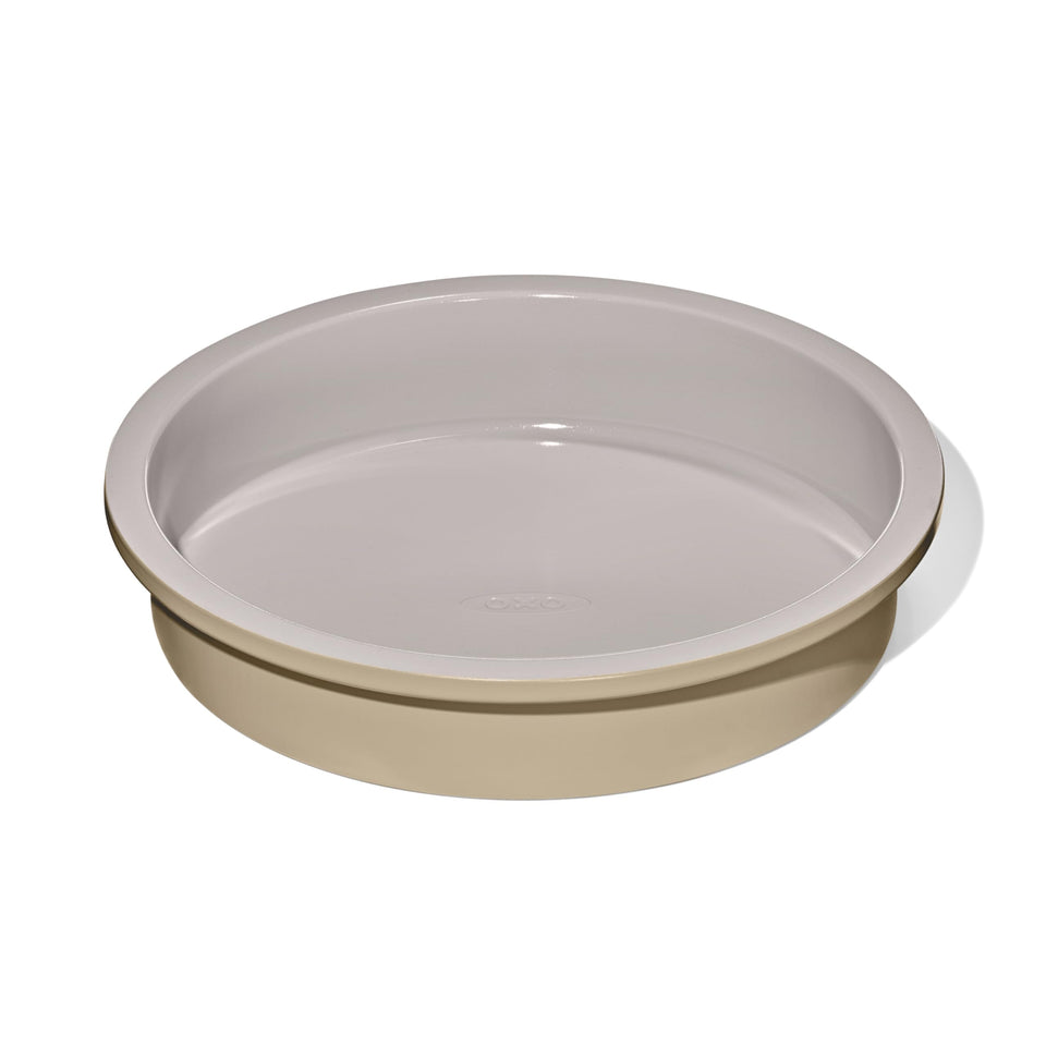 OXO Good Grips 9-inch round cake pan top view shows even browning and seamless food release.