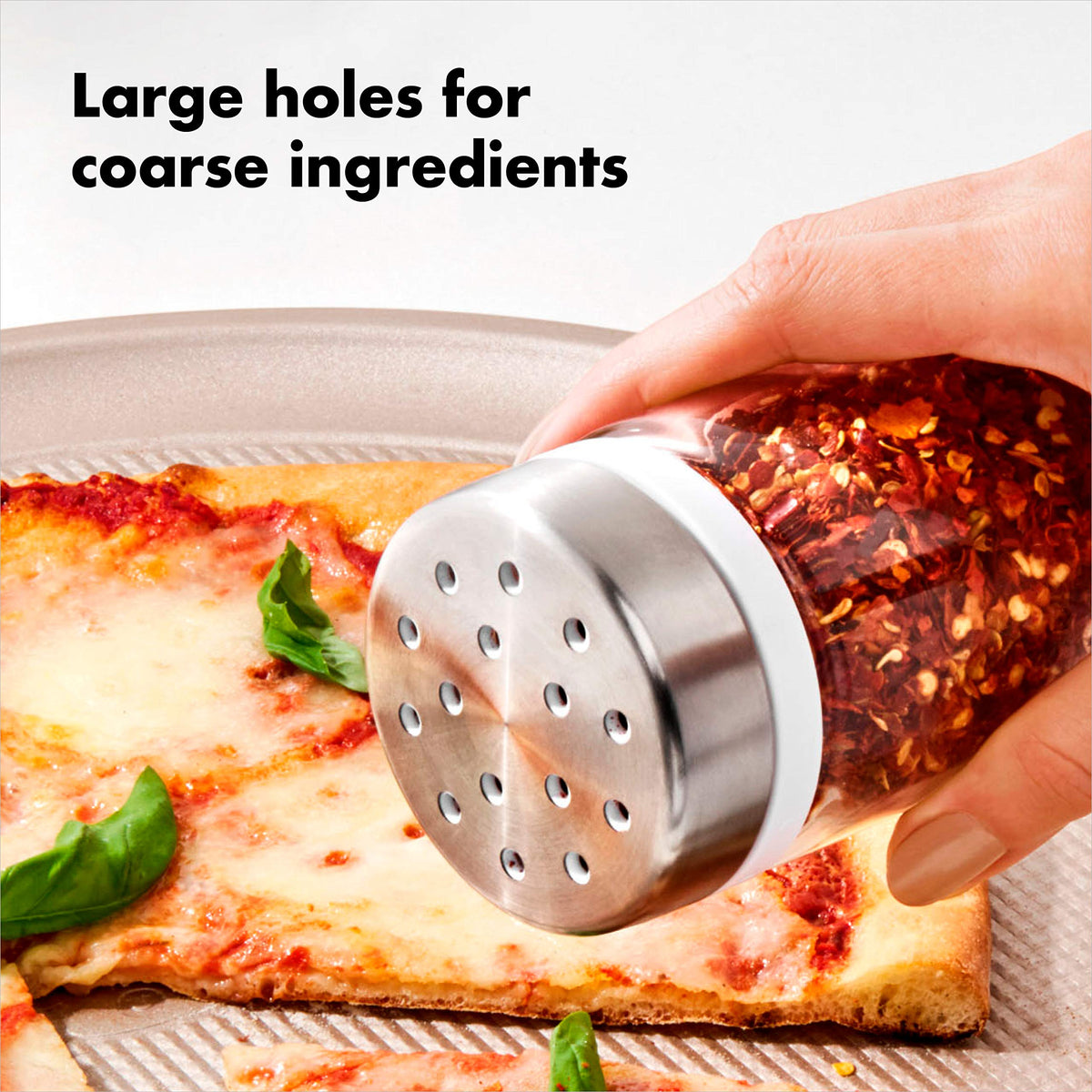 OXO Good Grips Adjustable Shaker lid twists to seal freshness after use.