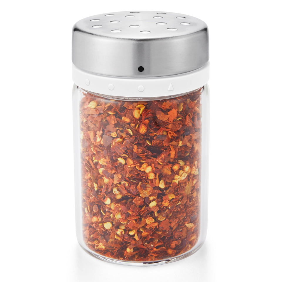 OXO Good Grips Adjustable Shaker top settings show coarse and fine control for versatile seasoning.