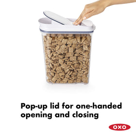 OXO POP lid on the cereal dispenser for one-handed access and freshness