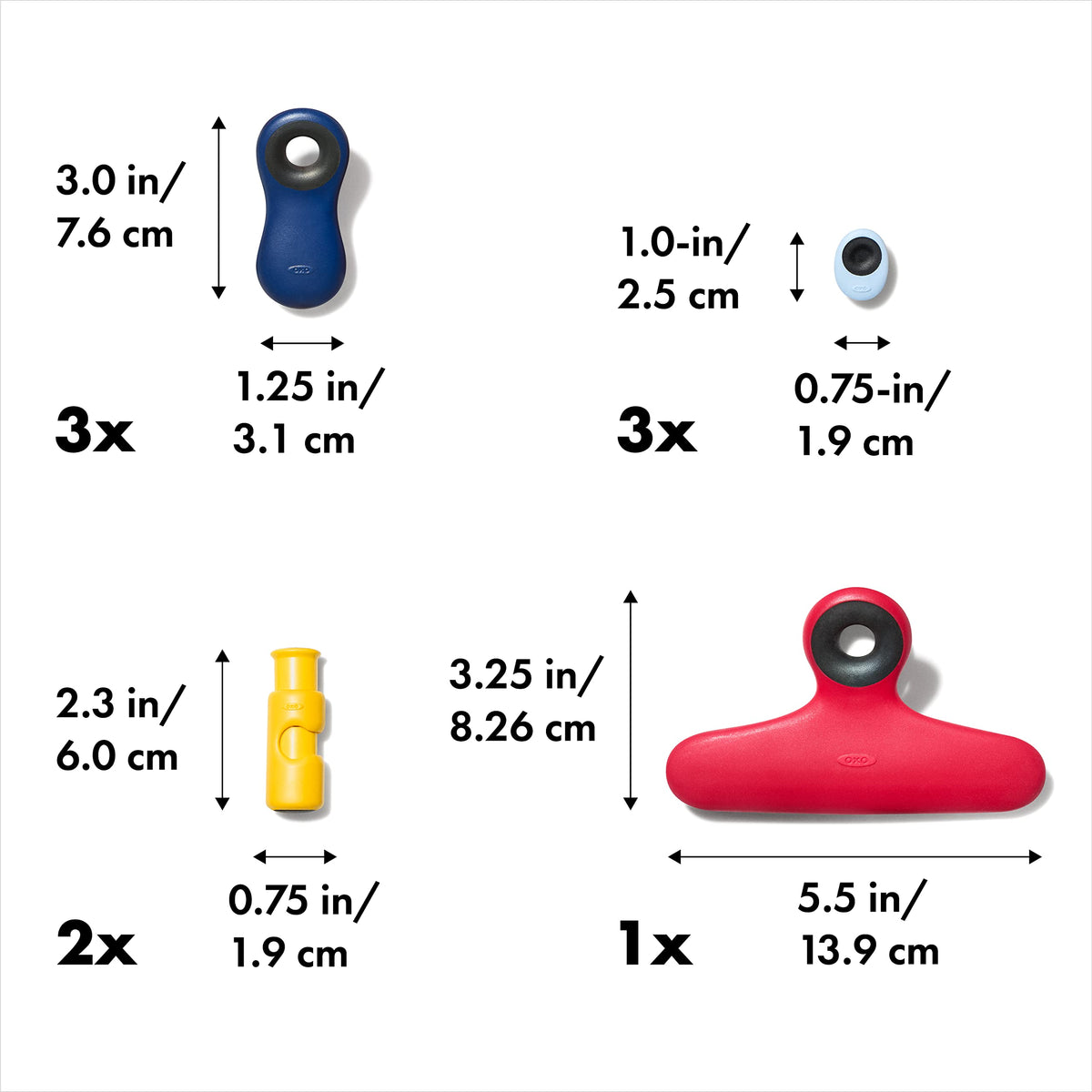 OXO Good Grips all-purpose clips with non-slip mouths seal bags and tidy papers.