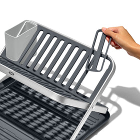 OXO Good Grips aluminum fold-flat dish rack folds flat for compact storage