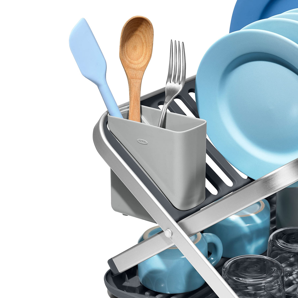 OXO Good Grips aluminum fold-flat dish rack adds a modern touch to any kitchen