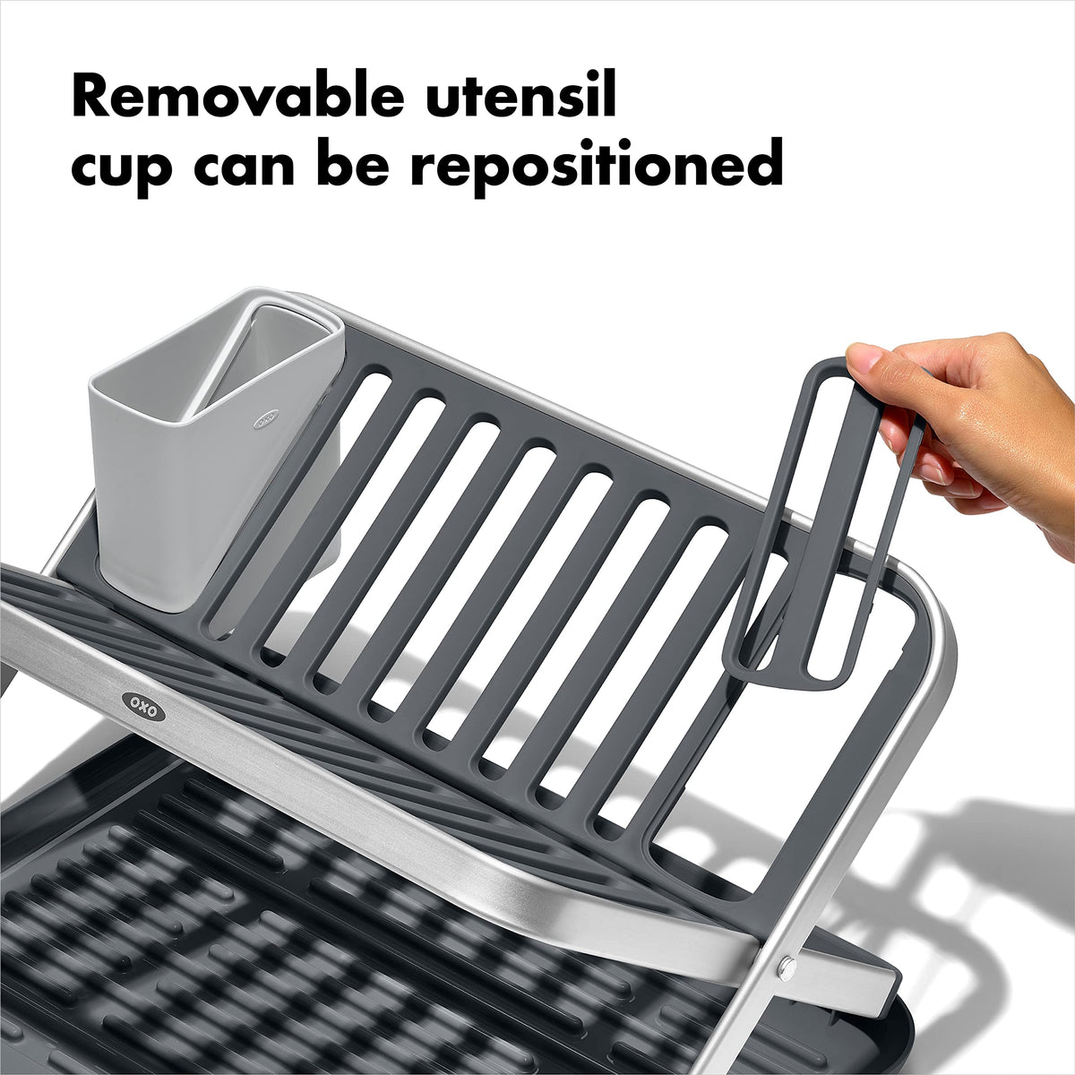 OXO Good Grips aluminum fold-flat dish rack features non-slip feet for stable counter use
