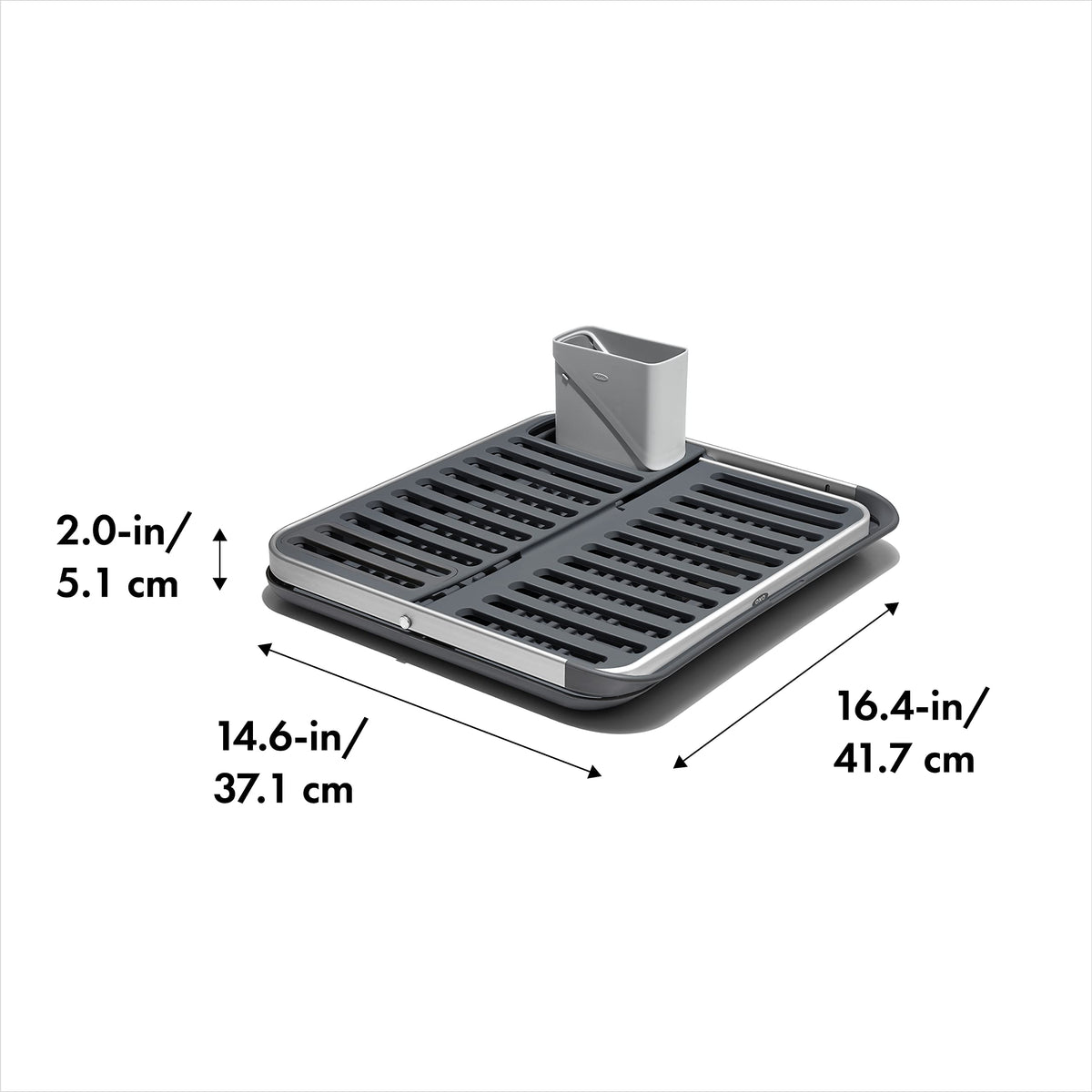 OXO Good Grips aluminum fold-flat dish rack highlights raised ridges for water drainage