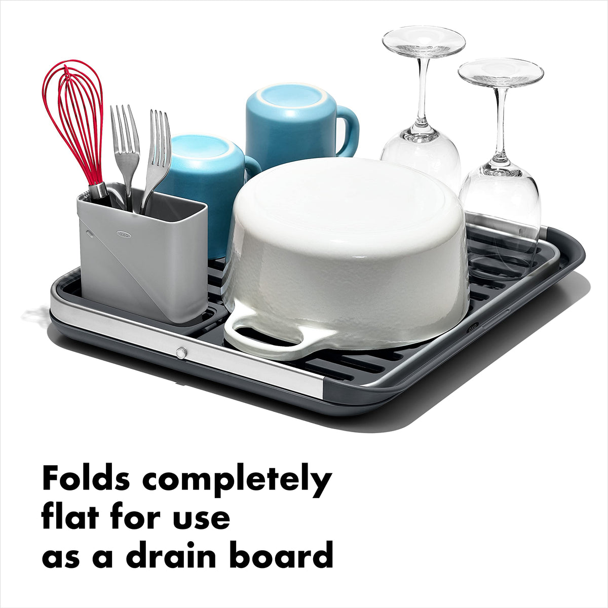 OXO Good Grips aluminum fold-flat dish rack side view reveals two-tier capacity