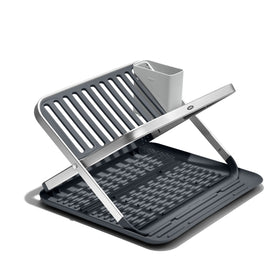 OXO Good Grips aluminum fold-flat dish rack top view showing rustproof frame for durable drying