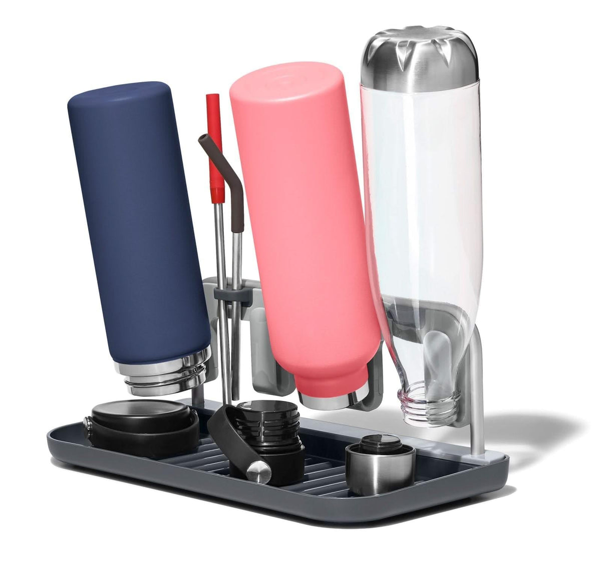 OXO Good Grips bottle drying rack holds four bottles for efficient air drying.