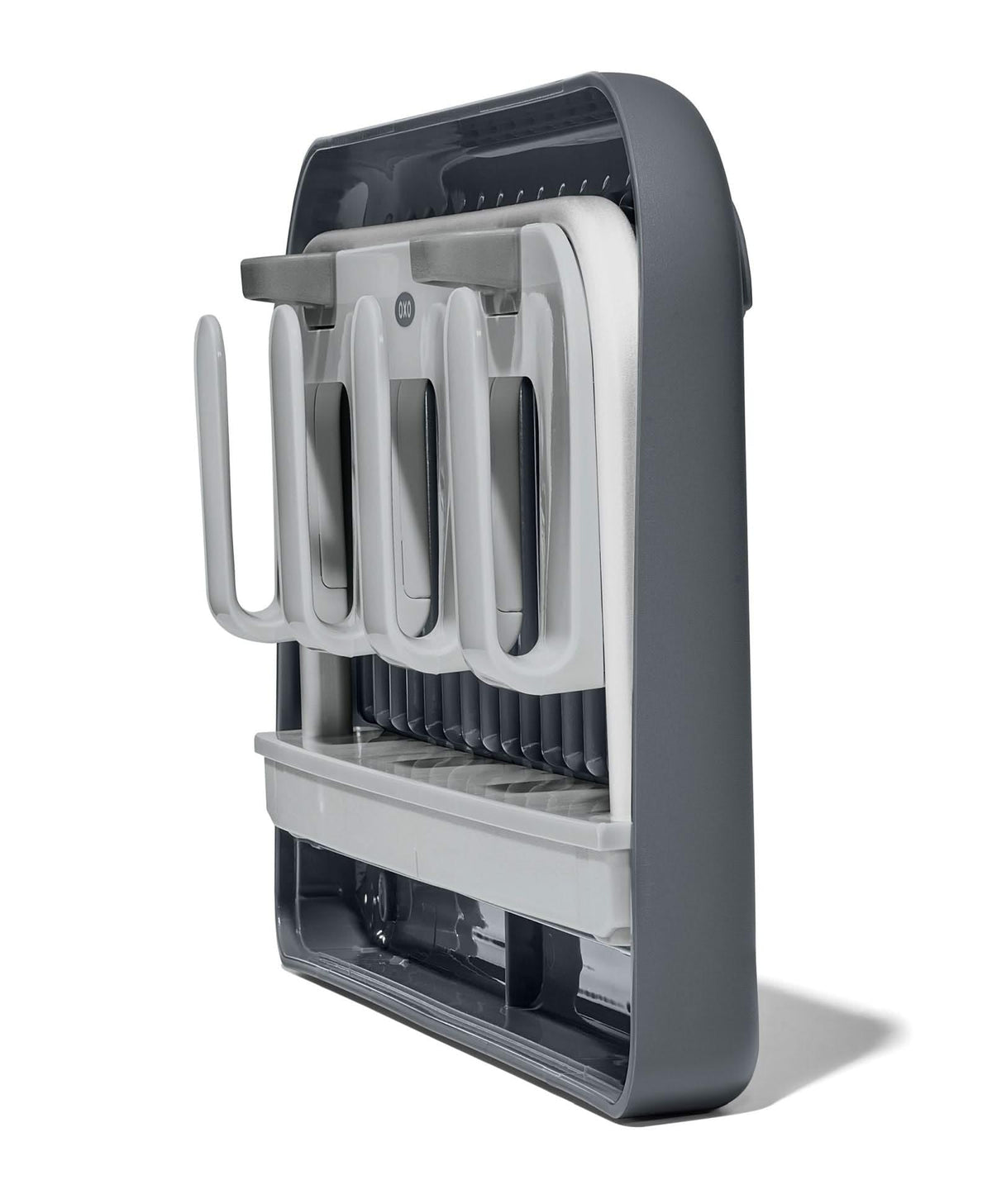 OXO Good Grips aluminum rack disassembles into its base for compact storage.