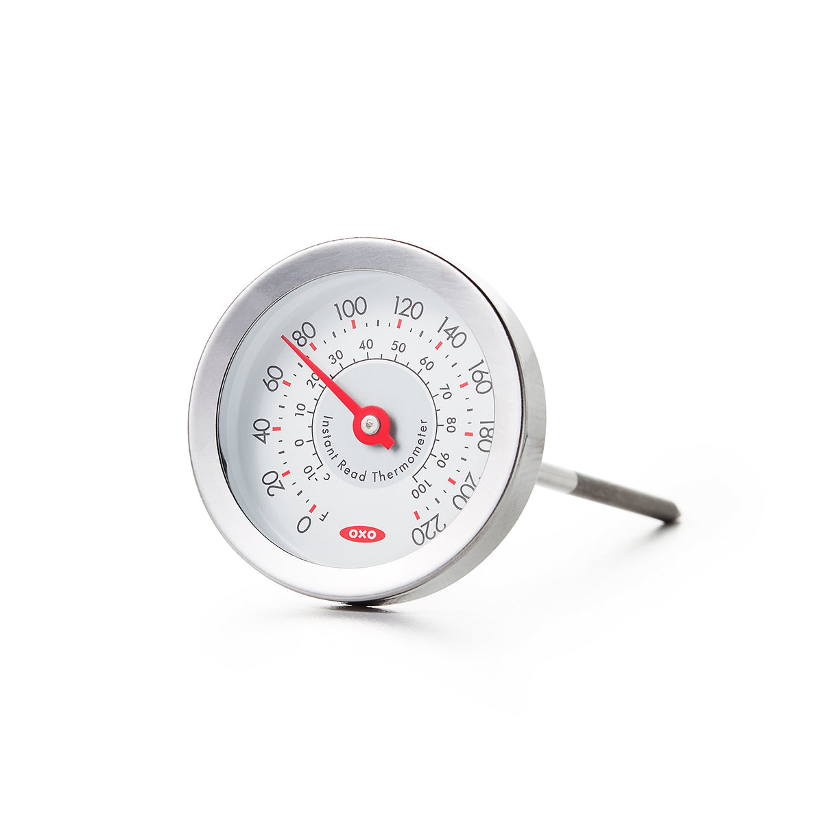 OXO Good Grips Analog Instant Read Thermometer face shows quick meat temperature readings.