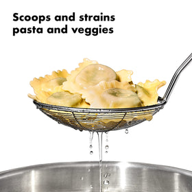 OXO Good Grips angled long handle with soft grip keeps hands away from heat