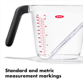 OXO Good Grips angled measuring cup 4-cup angle view enables quick liquid checks from above.