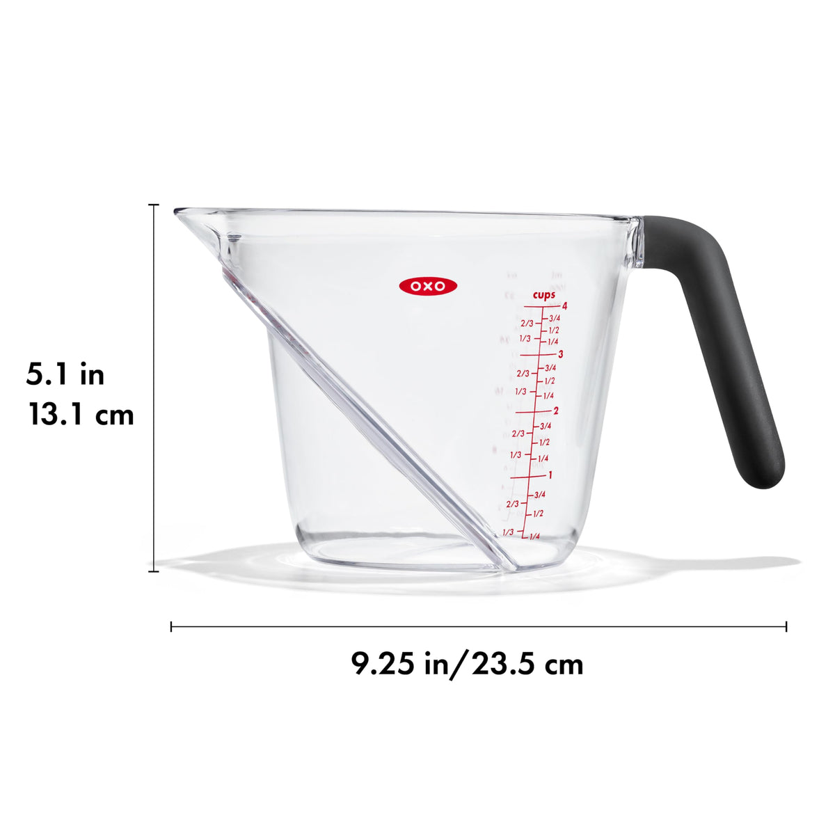 OXO Good Grips angled measuring cup displays cup, ounce, and milliliter markings.