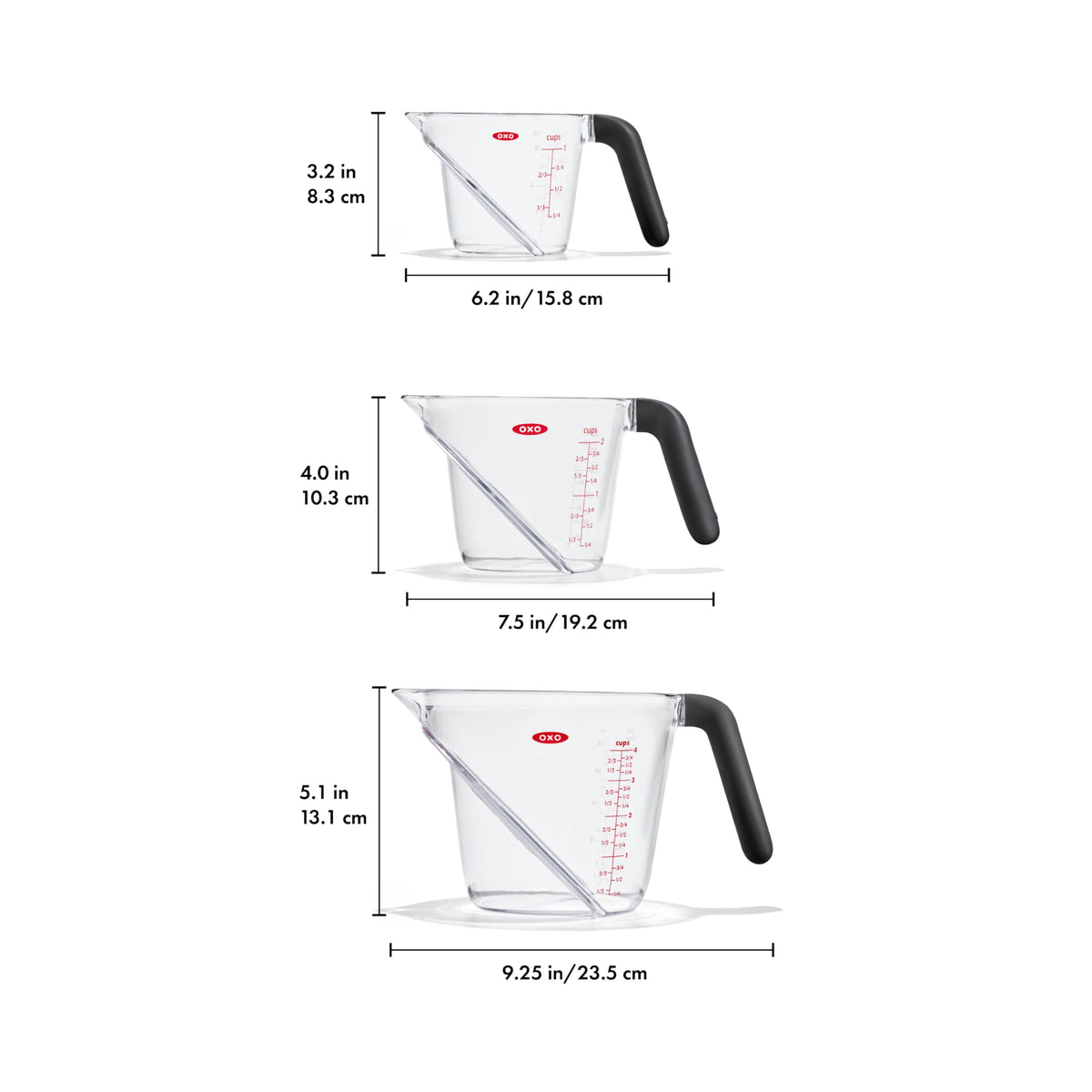 OXO Good Grips angled measuring cup with non-slip handle stays steady when hands are wet.