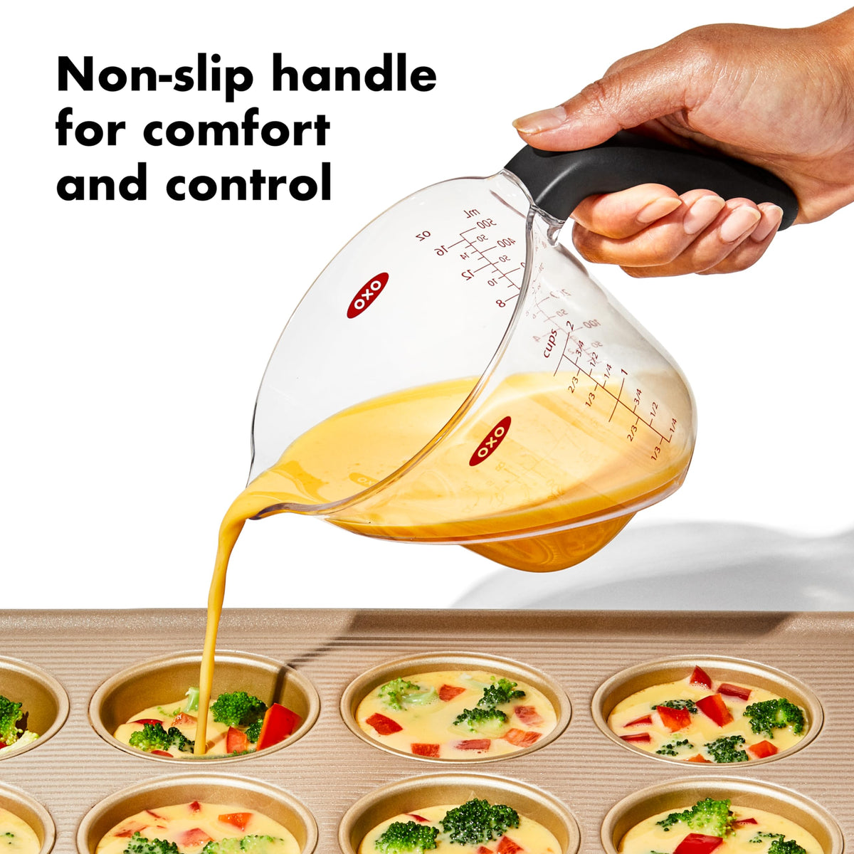 OXO Good Grips angled measuring cup is top-rack dishwasher safe for easy cleanup.