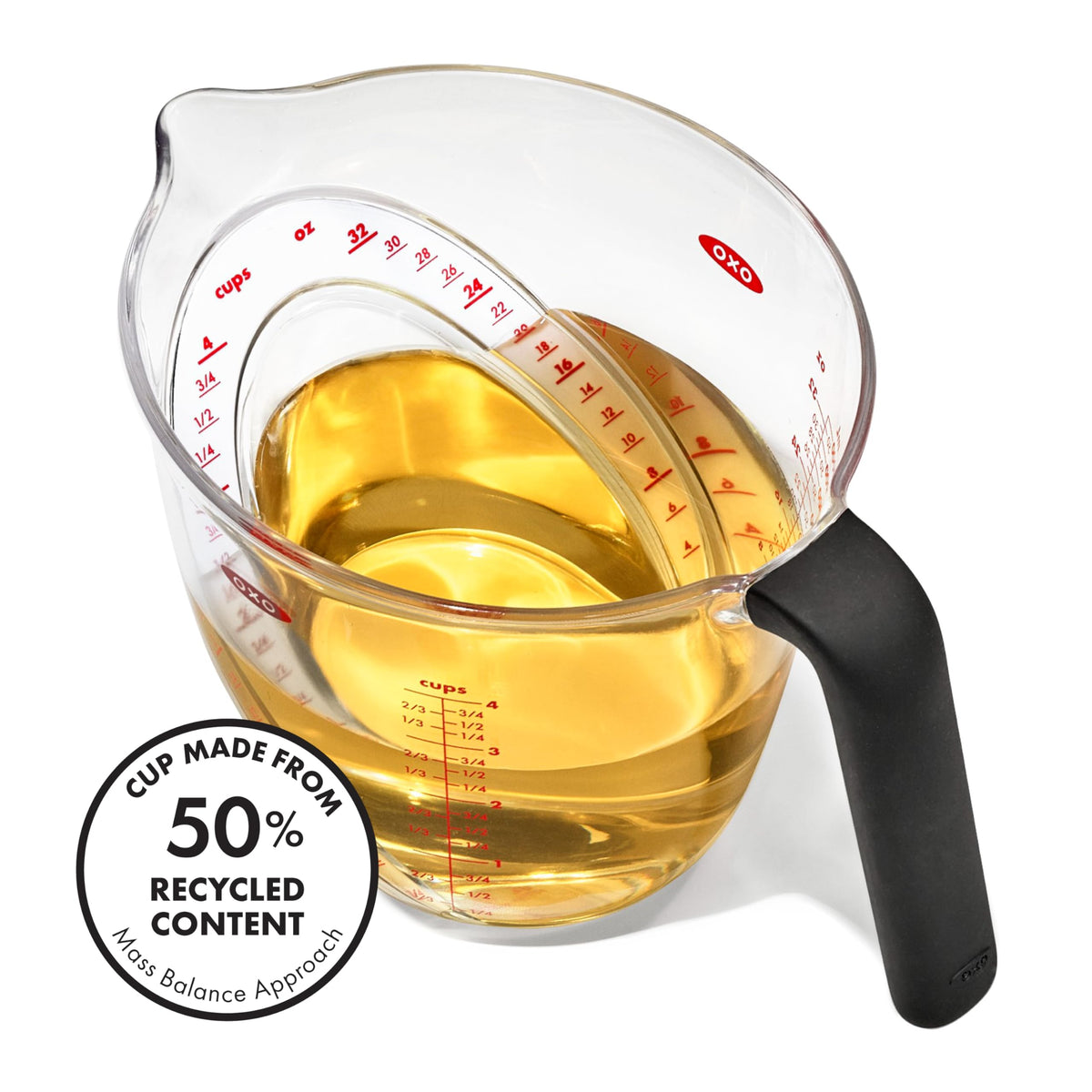 OXO Good Grips angled measuring cup in BPA-free Tritan Renew material.
