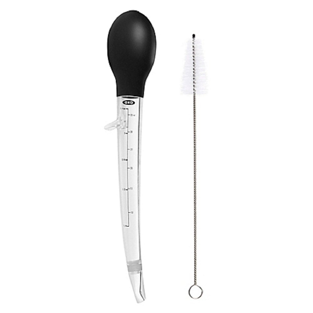 OXO Good Grips angled turkey baster pour image shows easy juice suction and reach into pans