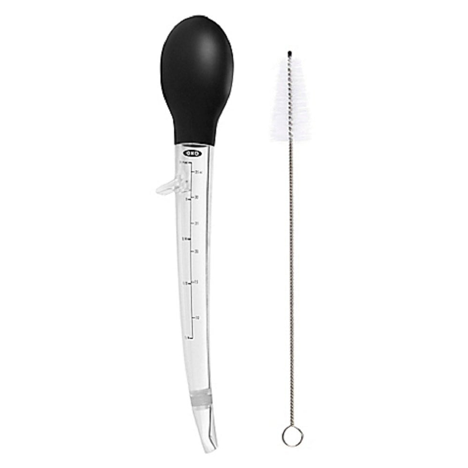 OXO Good Grips angled turkey baster pour image shows easy juice suction and reach into pans