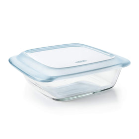 OXO Good Grips 2 Qt baking dish with lid, clear top view for serving and storage.