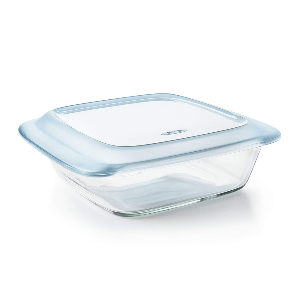 OXO Good Grips 2 Qt baking dish with lid, clear top view for serving and storage.
