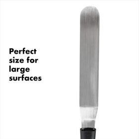 OXO Good Grips Bent Icing Spatula closeup stainless steel blade supports flexible icing work.