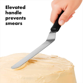 OXO Good Grips Bent Icing Spatula dishwasher safe blade and handle for easy cleanup.