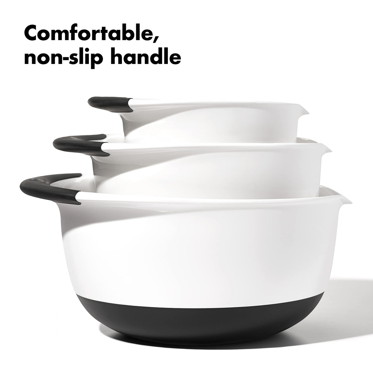 Non-slip handle on the OXO Good Grips bowl offers secure grip during prep.