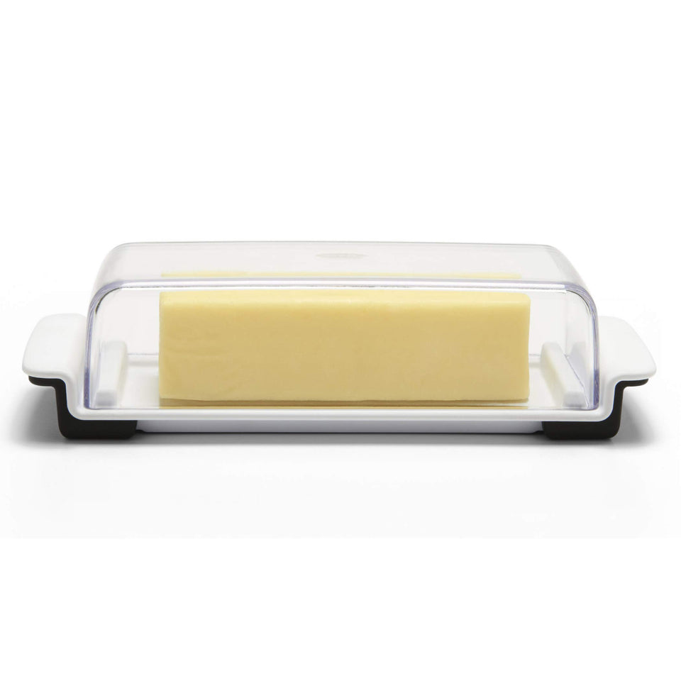 OXO Good Grips Butter Dish with stoppers secures butter while slicing.
