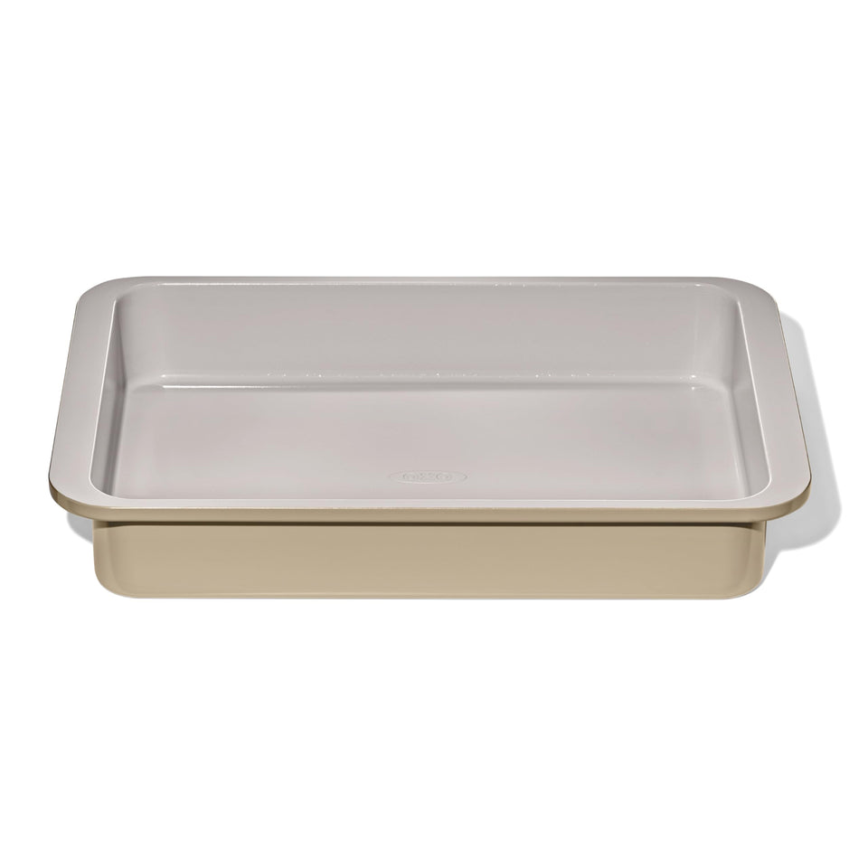 OXO Good Grips cake pan front view showing sturdy construction for reliable baking