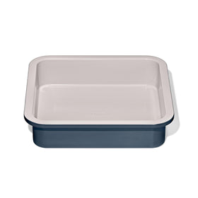 OXO Good Grips storm blue cake pan, top view, promotes even browning and straight layers.