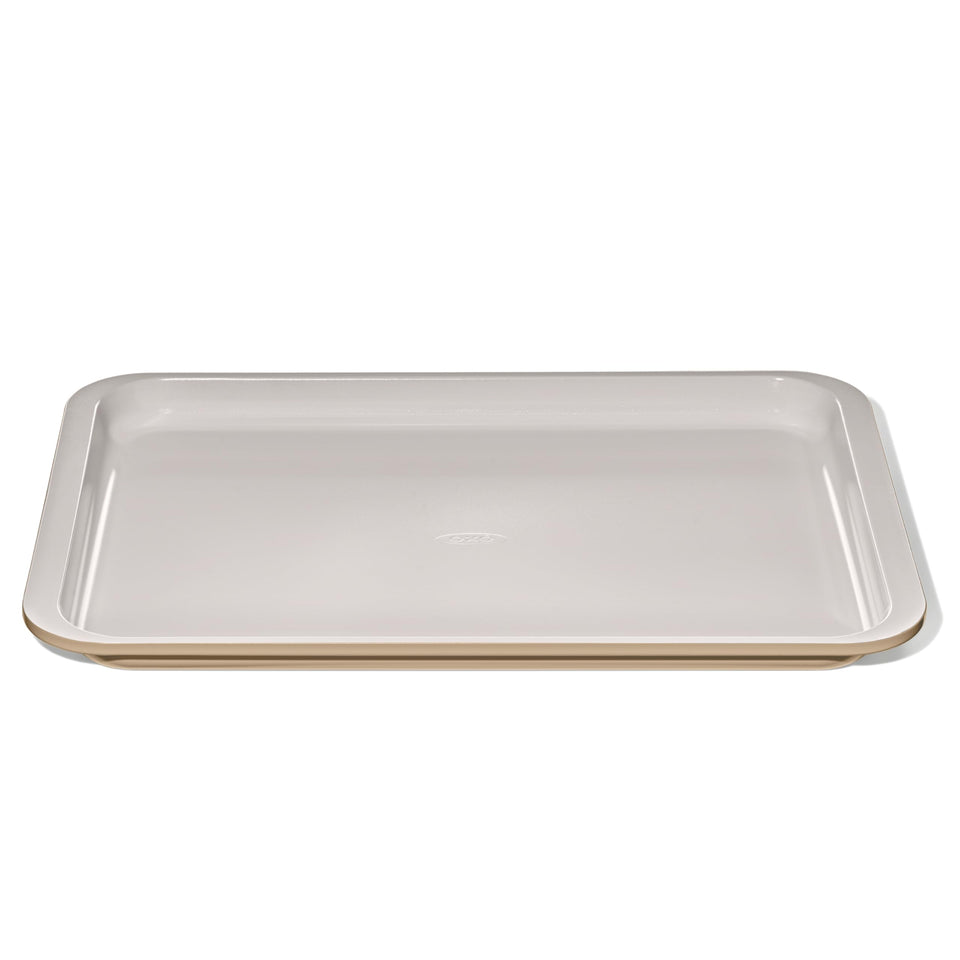 OXO Good Grips ceramic-coated half sheet pan close-up showing easy release