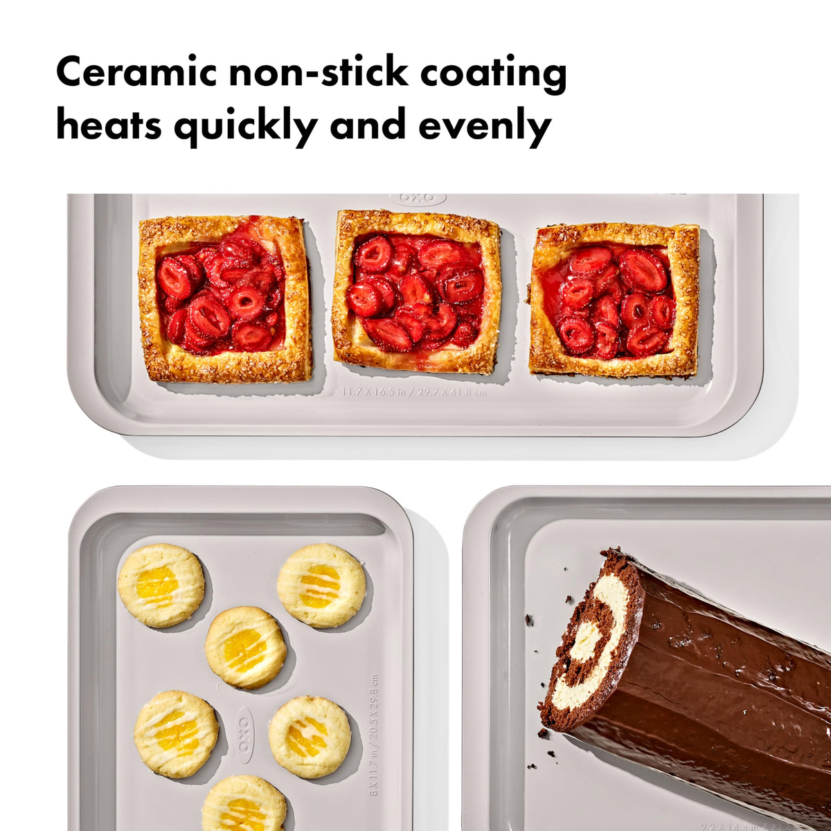 OXO Good Grips ceramic-coated bakeware close-up in storm blue shows easy food release.