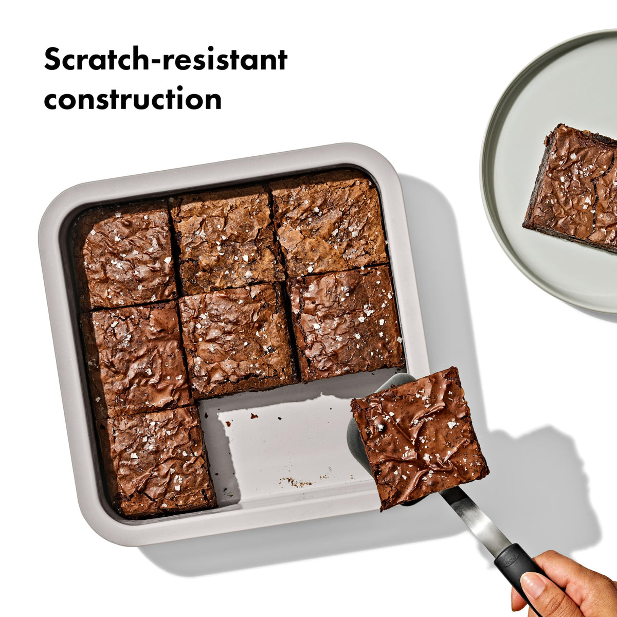 OXO Good Grips ceramic non-stick coating close-up, showcasing food release and scratch resistance.