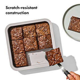 OXO Good Grips ceramic non-stick coating close-up, showcasing food release and scratch resistance.