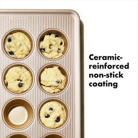 Ceramic reinforced coating on OXO Good Grips pan for durable nonstick release