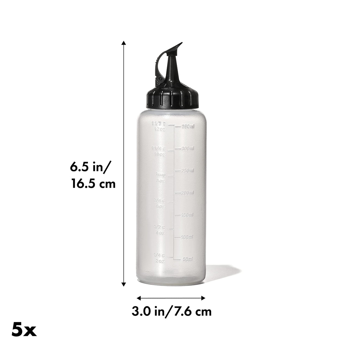 OXO Good Grips Chef's Squeeze Bottle attached cap open for precise pour and quick shake.