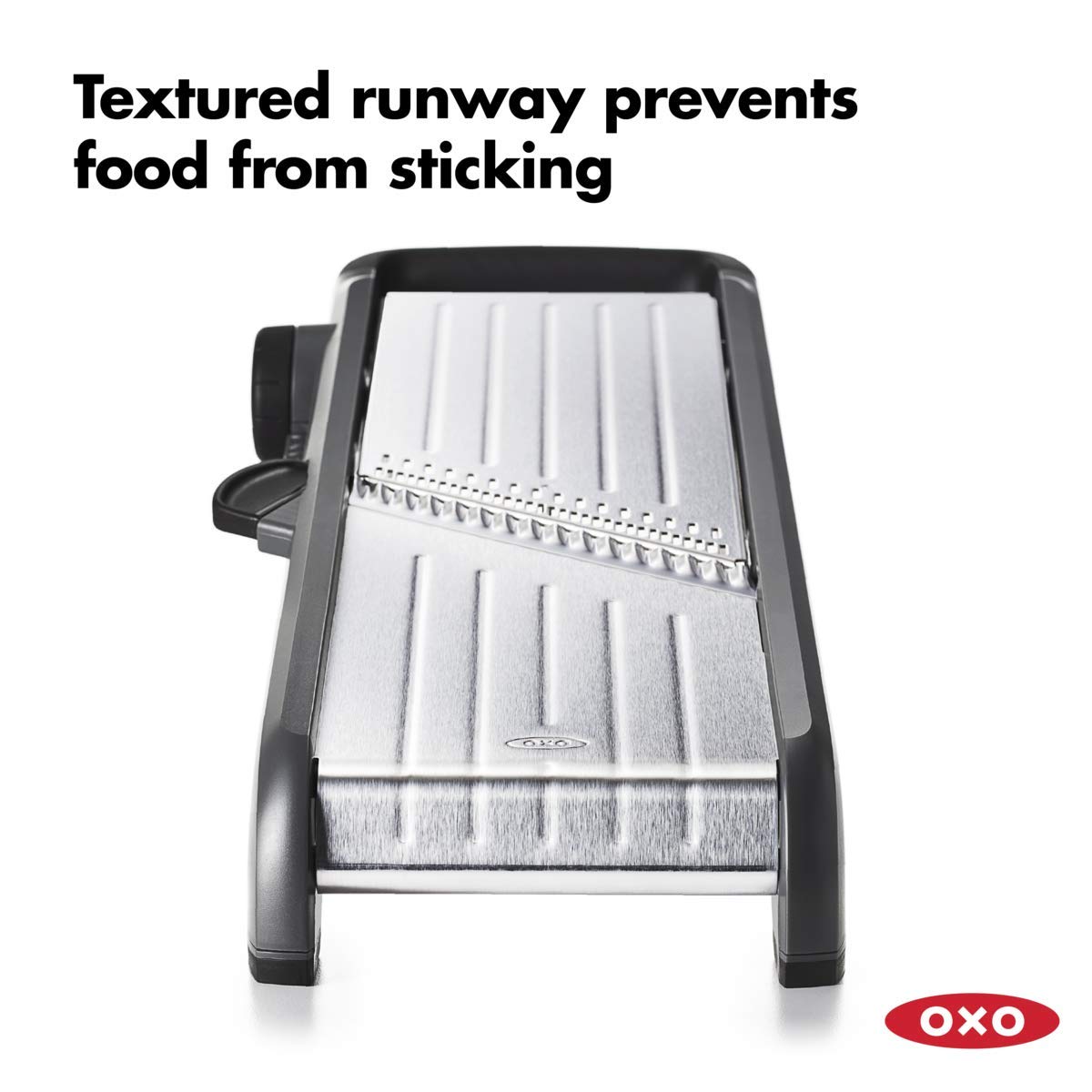 OXO Good Grips Mandoline 2.0 angled blade delivers consistent cuts through soft foods.