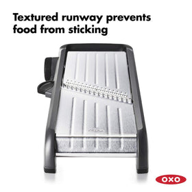 OXO Good Grips Mandoline 2.0 angled blade delivers consistent cuts through soft foods.