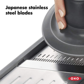 OXO Good Grips Mandoline 2.0 soft non-slip handle for comfortable, controlled slicing.