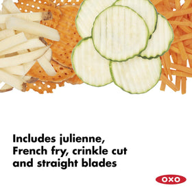 OXO Good Grips Chef's Mandoline 2.0 spring-loaded holder protects fingers during prep.