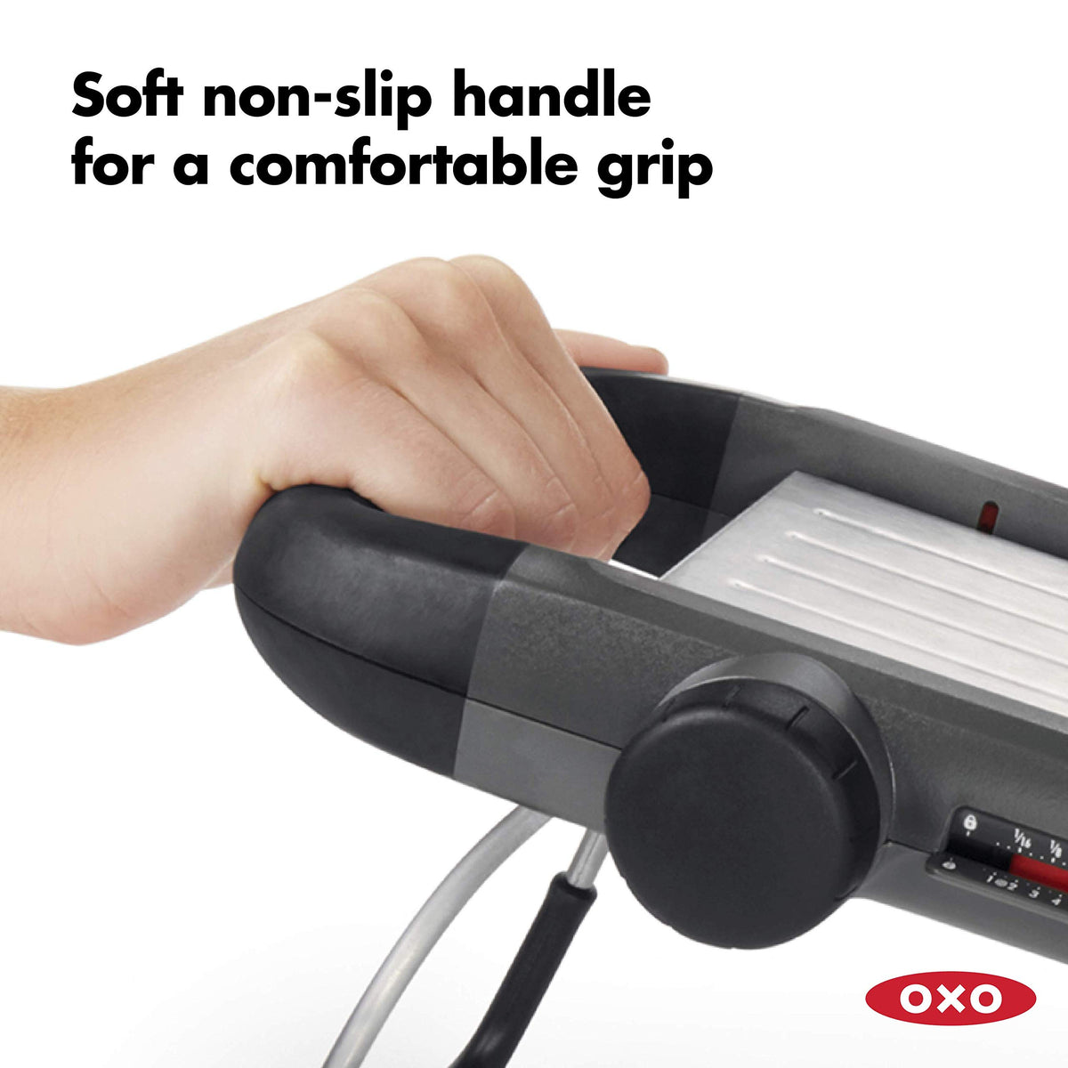OXO Good Grips Mandoline 2.0 textured runway reduces sticking for even slices.