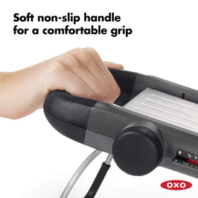 OXO Good Grips Mandoline 2.0 textured runway reduces sticking for even slices.