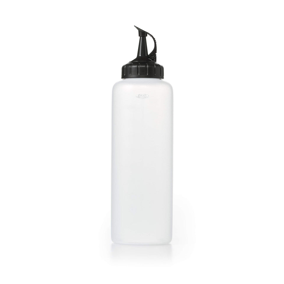 OXO Good Grips Chef's Squeeze Bottle Large with cap open for precise pouring and control