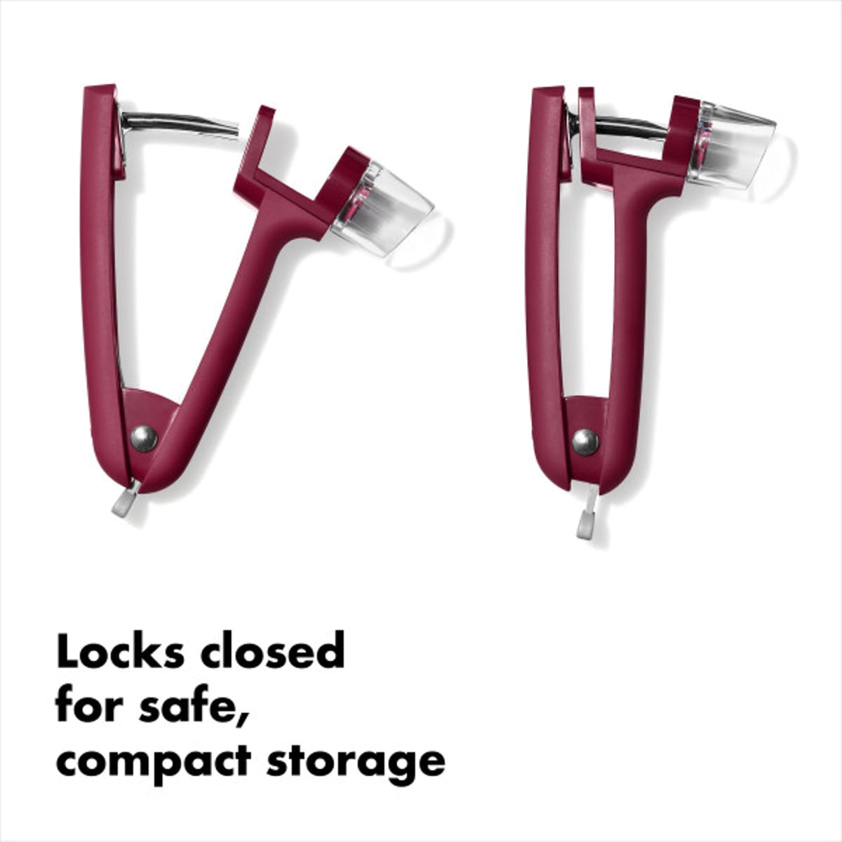 OXO Good Grips Cherry and Olive Pitter locks closed for compact, safe storage.