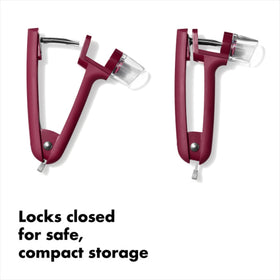 OXO Good Grips Cherry and Olive Pitter locks closed for compact, safe storage.