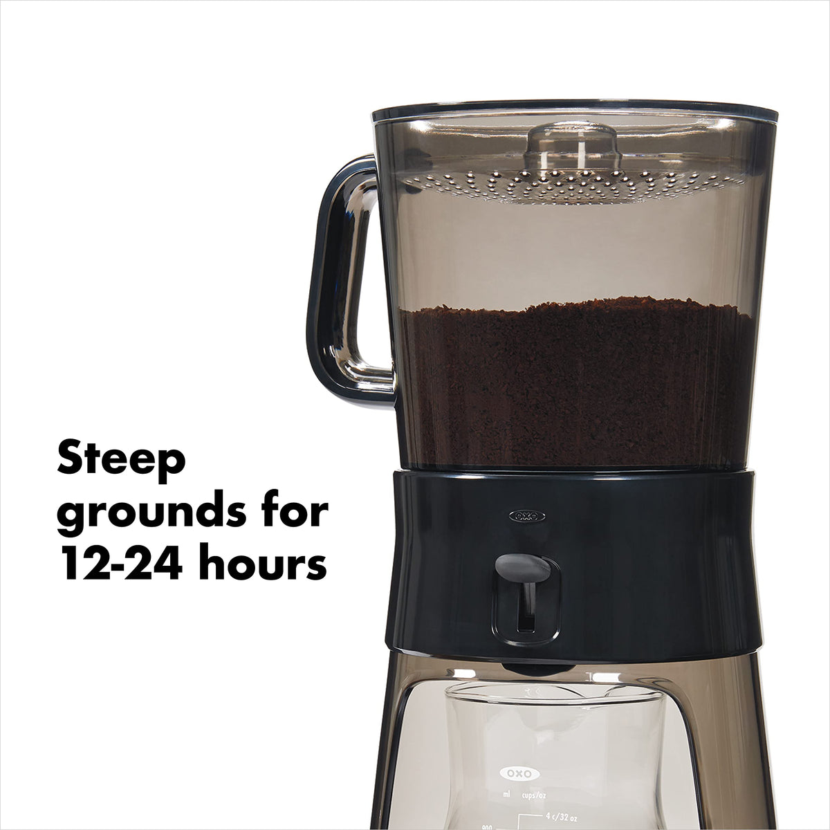 OXO Good Grips coffee maker switch activates filtration for easy brewing.