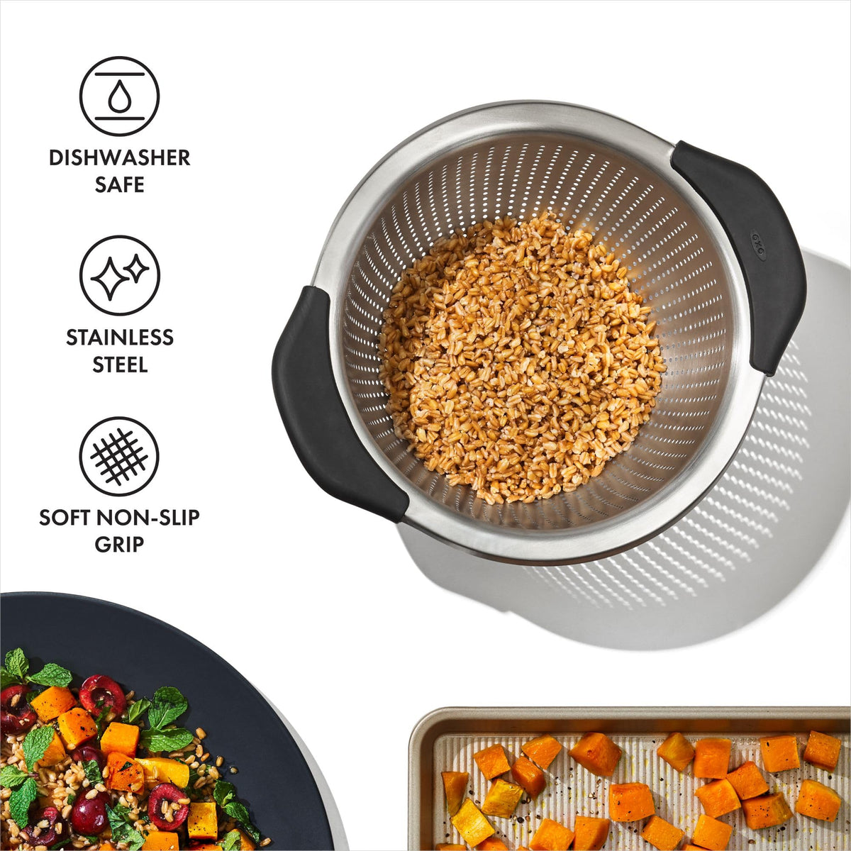 OXO Good Grips colander three feet provide stable use in sink or on counter