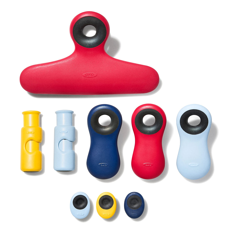 OXO Good Grips 9-piece bag clip set demonstrates versatile sealing for snacks and organizing.