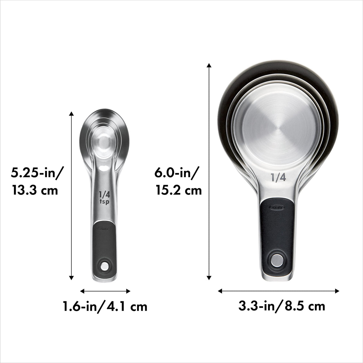 Cups and spoons nest for compact kitchen storage when not in use.