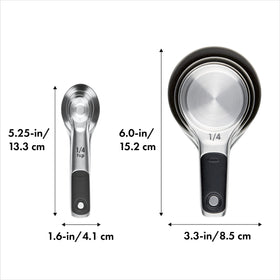 Cups and spoons nest for compact kitchen storage when not in use.
